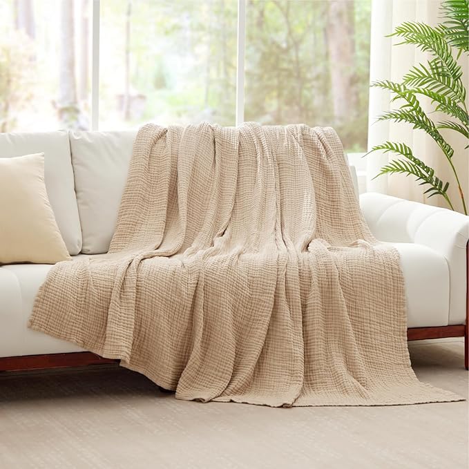 100% Cotton Blanket Large 50"x 70", 6 Layers Muslin Blankets, Cooling and Soft Throw Blanket for Couch, Breathable Quilt Bedspread, Gauze Bedding for Adults, Oatmeal, Beige Linen