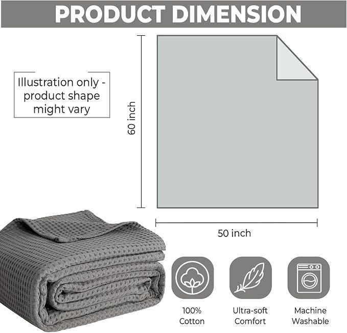 100% Cotton Blankets Throw Size for Bed - Waffle Weave Blankets for Summer, Lightweight and Breathable Soft Woven Blanket for Spring (Dark Grey, Throw (50" x 60")