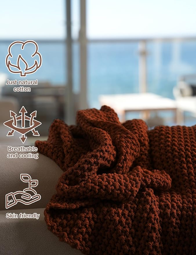 Chunky Cotton Knit Throw Blanket, Light Weight Cable Knit Throws for Bed Couch Sofa, Comfy & Relaxing, Decorative Piece for Farmhouse Rustic Scandinavian Chic Vibe, Toffee Brown 60x80 Inches