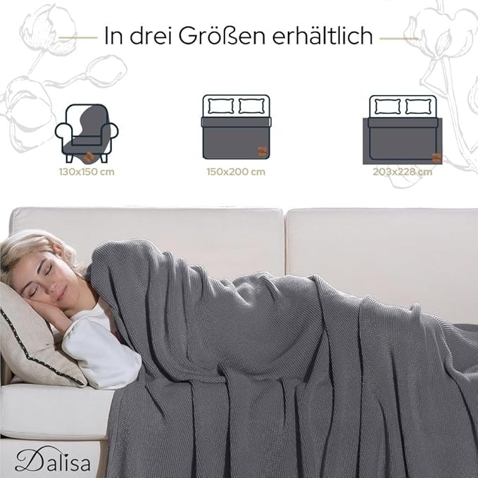 100% Organic Turkish Cotton Throw Blanket - GOTS Certified, Cozy - Perfect for Couch, Bed, and Home Decor - Boho Vintage Knit Alina (Dark Grey, 50x60)