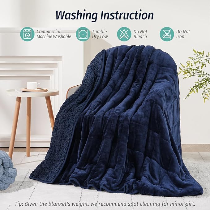 Wemore Sherpa Fleece Weighted Blanket for Adult, 15 lbs Dual Sided Cozy Fluffy Heavy Blanket, Ultra Fuzzy Throw Blanket with Soft Plush Flannel Top, 48 x 72 inches, Navy Blue on Both Sides