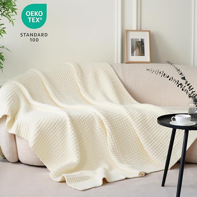 PHF Chenille Waffle Knit Throw Blanket- Plush Warm & Cozy 50" x 60" Ultra Soft Blanket- Chunky Fluffy Waffle Throws for Couch Bed Sofa - Cream
