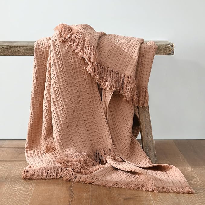 100% Cotton Waffle Blanket with Fringe, Pre-Washed Waffle Weave Blanket for All Season, Lightweight Breathable Soft Cozy Throw Blanket for Couch, Bed, Travel (Dusty Pink - 66x90 Inches)