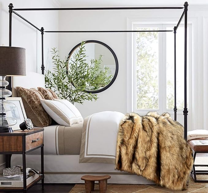 Luxury Plush Faux Fur Blanket King Size, Long Pile Golden Yellow with Black Tips Throw, Oversized Super Warm, Fuzzy, Elegant, Fluffy Shaggy Throw Blanket for Sofa, Armchair, Couch and Bed, 104"x90"