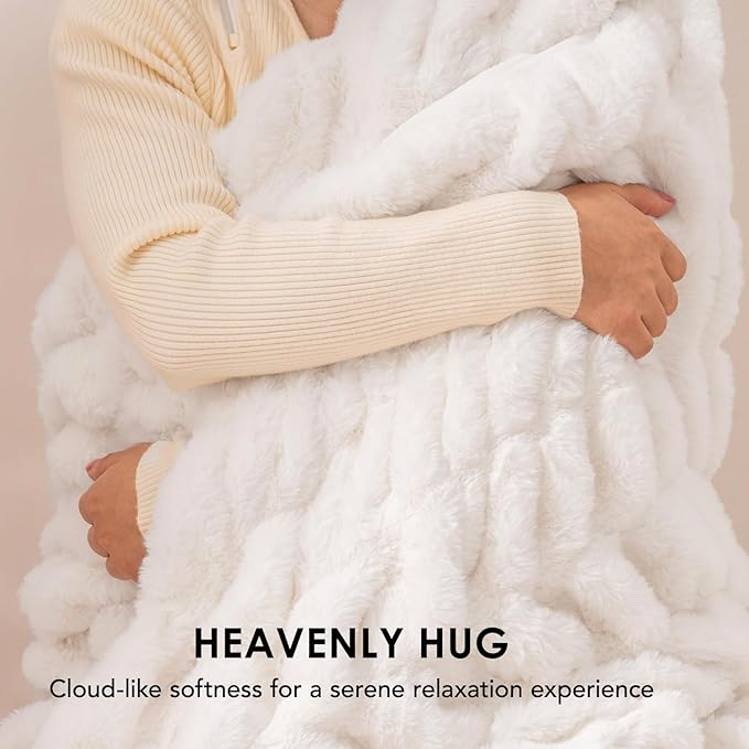 EVERGRACE Luxurious Soft Faux Rabbit Fur Throw Blanket, Cozy Fuzzy Plush Warm Throws for Couch Bed Sofa Chair Home Decor, Ruched Bubble Fluffy Blanket with Reversible Velvet, 60" x 80", Ivory White