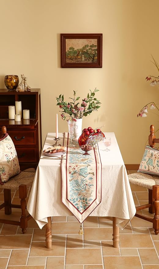 patdrea Designer Idyll Linen Extra Long Table Runner,Vintage Beige Farmhouse with Ancient Spring Figure and Animal Pattern Table Mat,Decoration for Kitchen Dining Banquet Christmas ,16"*118"