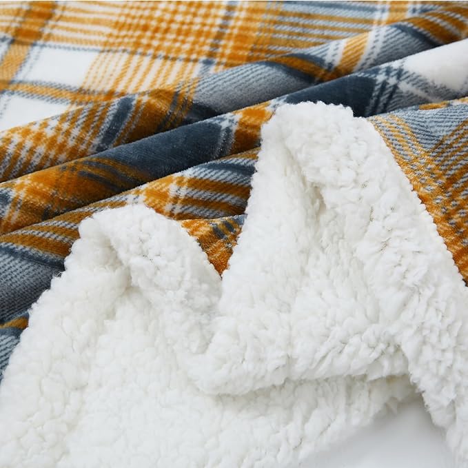 PU MEI Sherpa Blanket Twin Plaid Thick Bed Blanket, 60”*80” Super Soft Flannel Fuzzy Fleece Reversible Velvet Plush Warm Blanket for Couch (Blue Yellow Check)