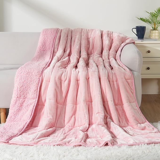 Weighted Blanket Twin 15 Pounds for Adults, Plush Blankets for Sofa Bed, Cottonblue Heavy Blanket with Ceramic Beads, Thick Fuzzy Blanket with Soft Plush Flannel for Winter Xmas, 48x72inch, Blush Pink