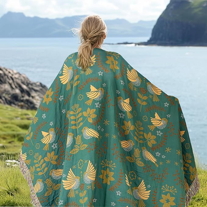 MACEVIA 100% Cotton Boho Throw Blanket, Soft Lightweight Green Bird Floral Design, 90"x98" King Size Bedspread for Couch Sofa, Bed, Travel, Cottagecore Decor, with Fringe Tassels (Bird Floral)