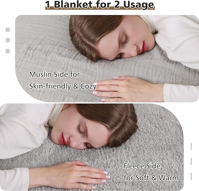 EMME Muslin Cotton Fleece Twin Blanket Reversible - 60"*80" Grey Soft Warm Throw Blankets for Couch Bed Picnic Travel Bed