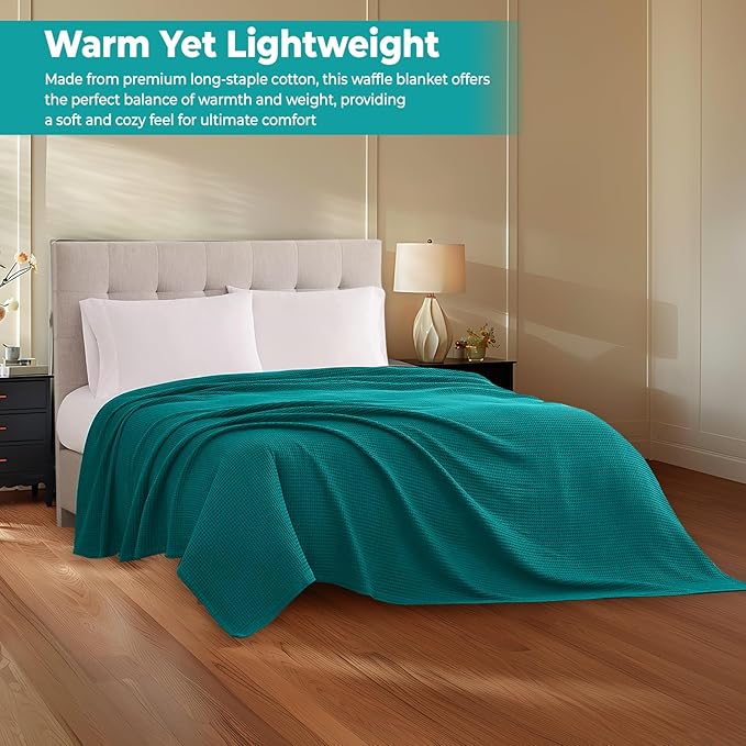 100% Cotton Blankets Queen Size for Bed - Waffle Weave Blankets for Summer, Lightweight and Breathable Soft Woven Blanket for Spring, (Teal, Queen (90" x 90"))