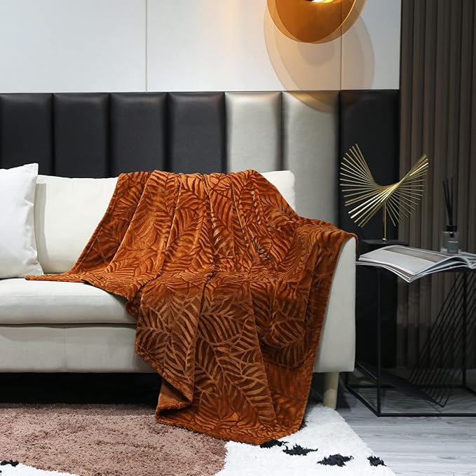 SOCHOW Super Soft Flannel Fleece Bed Blanket, Lightweight Cozy Warm Leaves Textured Plush Blanket as Bedspread Coverlet Bed Cover for All Seasons, 90 x 90 Inches, Caramel
