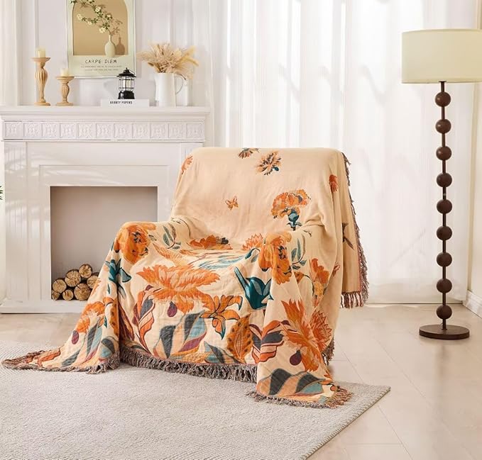 Fall Boho Throw Blanket for Bed 80"x90", 100% Cotton Boho Throws for Couch Sofa, Ultra Soft 4-Layers Woven Muslin Blanket with Floral Printed for All Season,Farmhouse Throws Bed Chair Cover