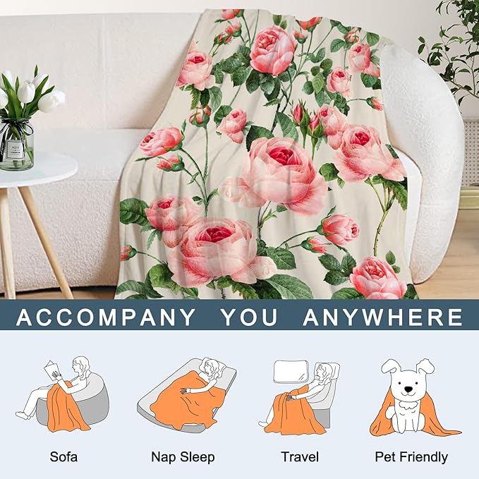 Neatee Living Rose Large Throw Blanket Spring Summer Floral Blanket Throw Blanket for Couch Sofa Bed Soft Cozy Fuzzy Plush Fleece Blankets Home Living Room Decorative Print Blanket 50x70
