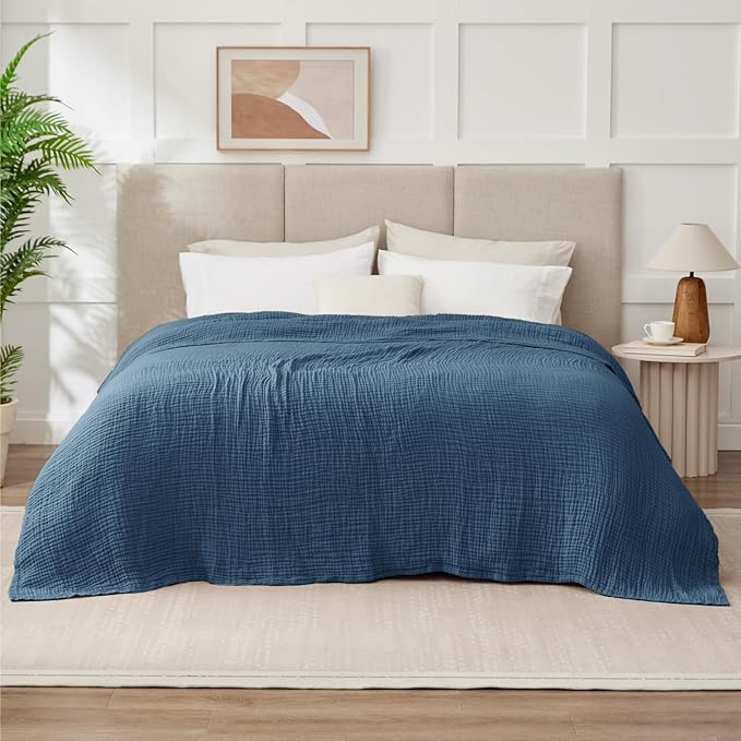 100% Cotton Muslin Blanket King 108" x 90", 6 Layers Breathable and Lightweight Cotton Throw Blanket for Bed, Soft Quilt Bedspread Coverlet, Gauze Blanket for Adults All Season, Blue