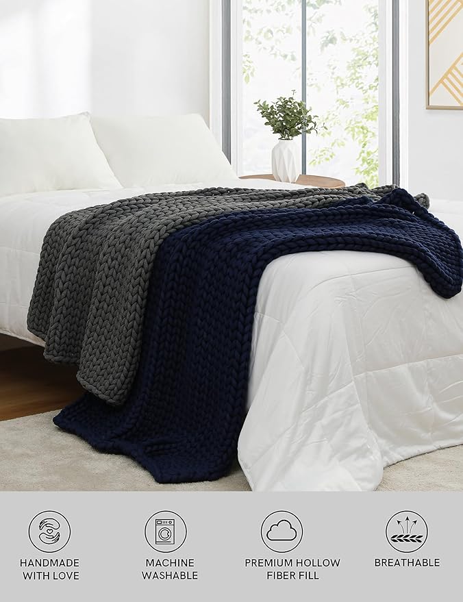 YnM Chunky Throw Blanket, Medium-Weight, Hand Knitted, Skin Friendly, Ventilated and Breathable, Machine Washable, Home Décor Piece for Couch, Sofa and Bed (Charcoal Grey, 40x50 Inch)