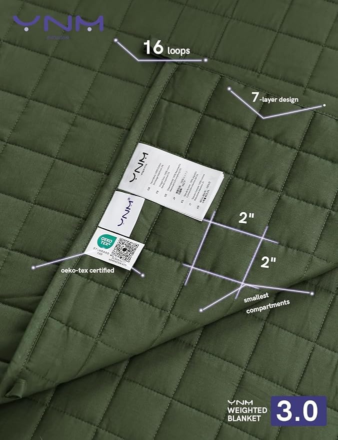 YnM Weighted Blanket, Soothing Cotton, Smallest Compartments with Glass Beads, Bed Blanket for One Person of 140lbs, Ideal for Twin or Full Bed (48x72 Inches, 15 Pounds, Army Green)