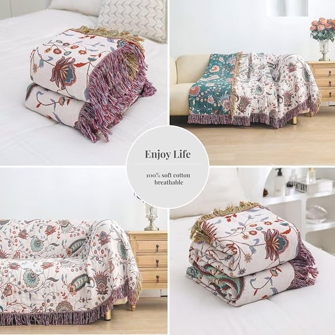 Summer Boho Throw Blanket 60"x80",100% Cozy Cotton Blankets for Travel, Picnic, Reversible Lightweight Knitted Farmhouse Cotton Muslin Blankets for Bedroom,Home Decor