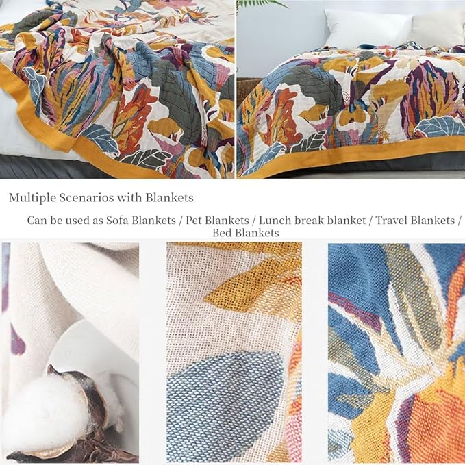 Summer Boho Throw Blankets for Bed 90"x98",100% Cotton Blanktes for Bed Lightweight Ultra Soft Cotton Quilts Knitted Travel Muslin Farmhouse Cozy Blanket