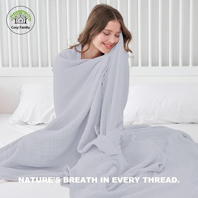 Cosy Family 6 Layer Muslin Bed Blanket - Breathable and Lightweight Gauze Boho Blanket for Spring, Soft 100% Cotton Muslin Blanket, Slate, 55x80 Inches
