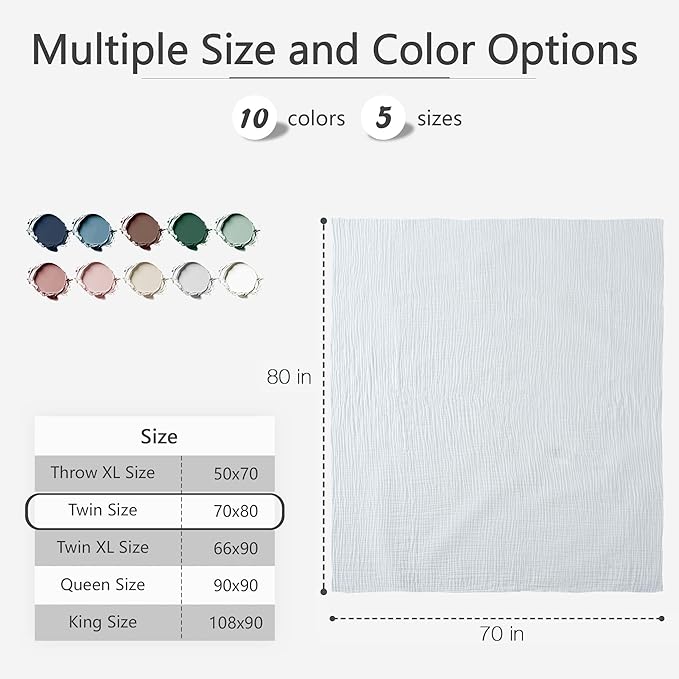 Carriediosa 100% Cotton Muslin Throw Blanket 70" X 80" Twin Size,4-Layers Summer Gauze Throws for Bed Couch,Soft Lightweight Breathable Linen Blankets Bedspread for Adults All Season,White