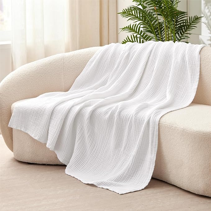 100% Cotton Muslin Blanket Queen 90" x 90", 6 Layers Breathable and Lightweight Cotton Throw Blanket for Bed, Soft Quilt Bedspread Coverlet, Gauze Blanket for Adults All Season, White