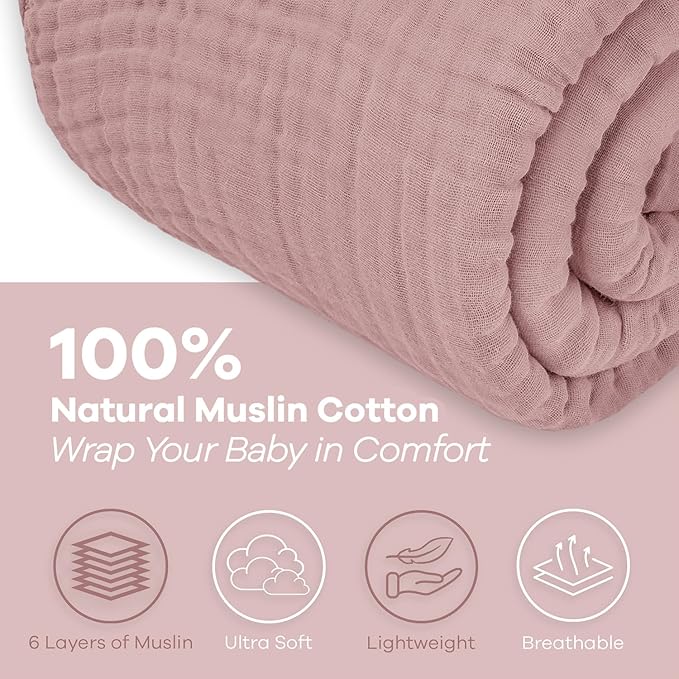 Comfy Cubs Muslin Blanket for Adults King 108" x 90" - 6 Layer Soft, Breathable & Lightweight Muslin Adult Blanket - Machine Washable & Designed in The US Bedding for All Seasons - Mauve