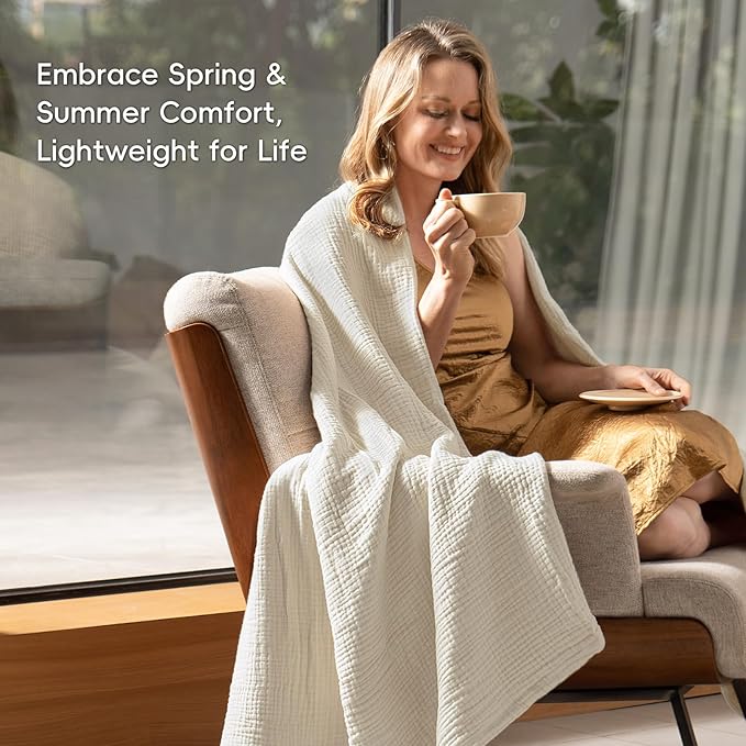 PHF 100% Cotton Muslin Blanket King Size 108" x 90", 4-Layer Lightweight and Breathable Blanket for Summer, Luxuriously Soft Gauze Bedding for Bed, Natural Minimalism Style, Ideal Gift, Oat Milk