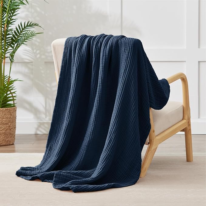 100% Cotton Muslin Blankets Twin XL 66" x 90", 6 Layers Breathable and Lightweight Twin Blanket for Bed, Soft Boho Coverlet Bedspread, Gauze Bedding for All Season, Navy
