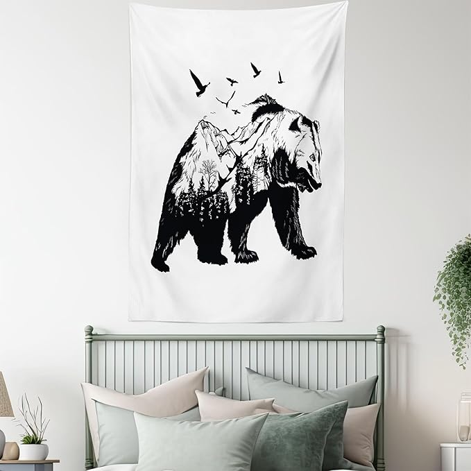 Ambesonne Bear Tapestry, Mammal Silhouette Mountain Landscape Flying Birds and Forest Wildlife Design, Fabric Wall Hanging Decor for Bedroom Living Room Dorm, 23" X 28", White Charcoal