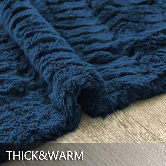 YUSOKI Luxury Faux Fur Throw Blanket(Without Pillows) 2 Layers,3lb,All Ages,Home Decoration, (Navy Blue,50" x 63")