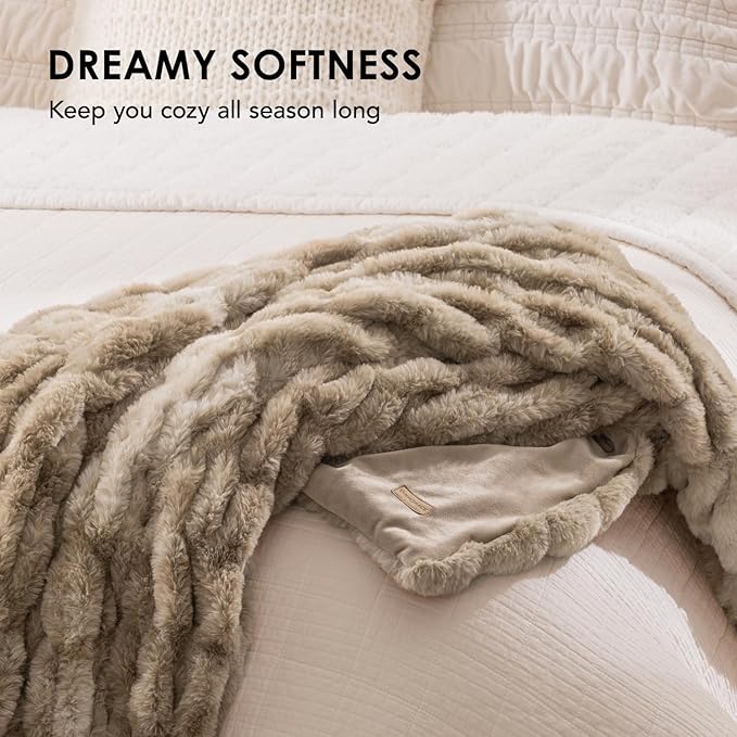 EVERGRACE Luxurious Soft Faux Rabbit Fur Throw Blanket, Cozy Fuzzy Plush Warm Throws for Couch Bed Sofa Chair Home Decor, Ruched Bubble Fluffy Blanket with Reversible Velvet, 60" x 80", Beige