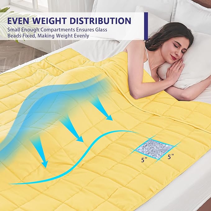 yescool Weighted Blanket for Adults (22 lbs, 60" x 80", Yellow) Cooling Heavy Blanket for Sleeping Perfect for 210-230 lbs, Queen Size Breathable Blanket with Premium Glass Bead, Machine Washable