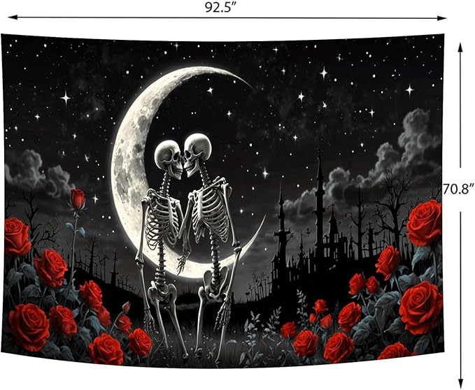 Delur The Lovers Skull Tapestry Gothic Black and White Romantic Constellation Skeleton Tapestry Floral Abstract Psychedelic Wall Hanging Headboard for Bedroom Living Room Home Decor (70.8" x 92.5")