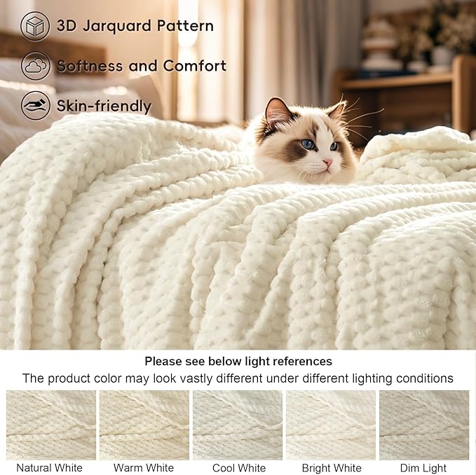 PHF Ultra Soft Flannel Fleece Blanket Queen Size, Lightweight 3D Jacquard Fleece Blanket, No Shedding, No Pilling, Luxury 340GSM Aesthetic Fluffy Cozy for Bed Room Decor, 90"x90", Cream
