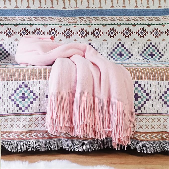 Luxlovery Aztec Sofa Throw Blankets Blue Ethnic Woven Boho Beige and Purple Color Bohemian Woven Throw Blanket for Couch Aztec Bed Throws Oversized Chair Sofa Cover with Tassels(63"x102")