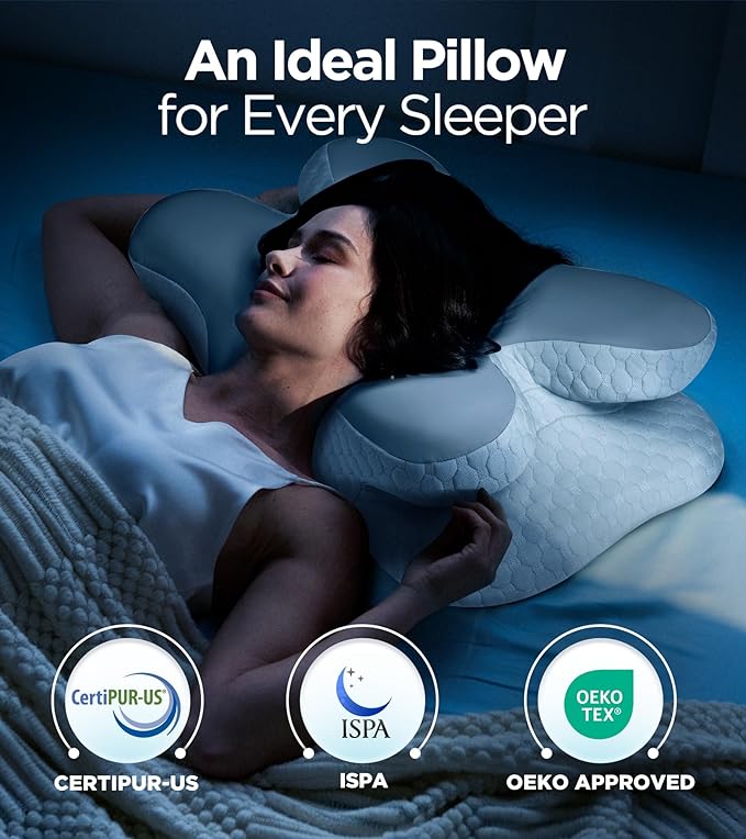 Osteo Enjoy Pain Relief Sleeping Cervical Neck Pillow, Ergonomic Contour Zoned Fits Side Sleeper, Non-Temperature Affected Memory Foam Pillows, Q-max Cooling Pillow Support Back Stomach Sleepers