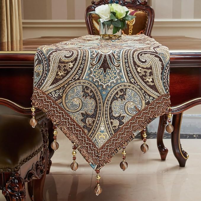 Luxury Vintage Design Table Runners 72 inches Long Embroidery Jacquard Fabric with Multi-Tassels Table Runners for Dining Room Dresser Wedding Holiday Party Fireplace Decorations (Coffee, 12X72inch)