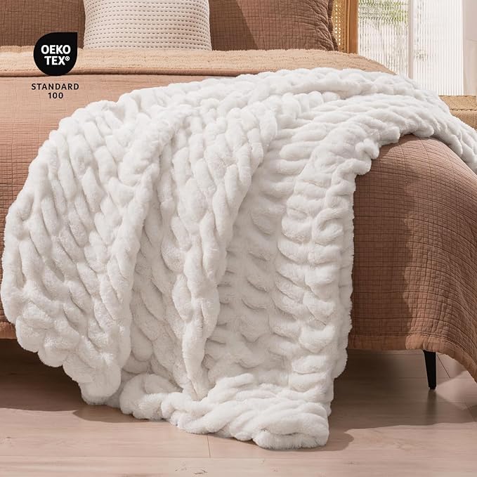 EVERGRACE Luxurious Soft Faux Rabbit Fur Throw Blanket, Cozy Fuzzy Plush Warm Throws for Couch Bed Sofa Chair Home Decor, Ruched Bubble Fluffy Blanket with Reversible Velvet, 50" x 60", Ivory White