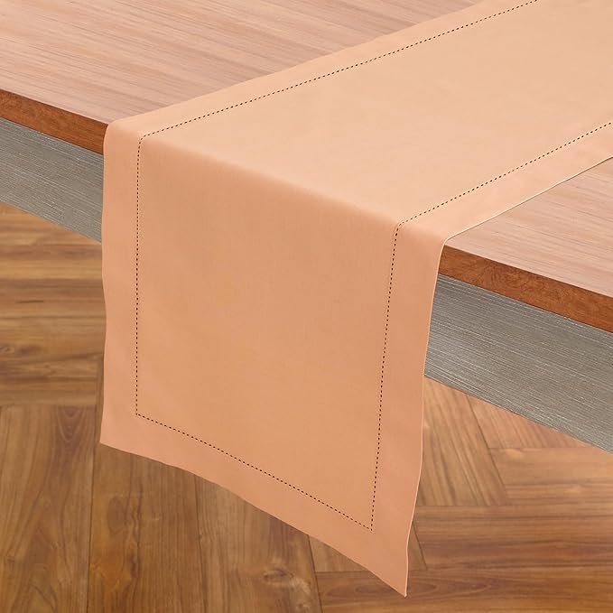 Solino Home Cotton Linen Table Runner 90 Inches Long - Hemstitch Peach Bloom Dining Table Runner 14 x 90 Inch for Summer