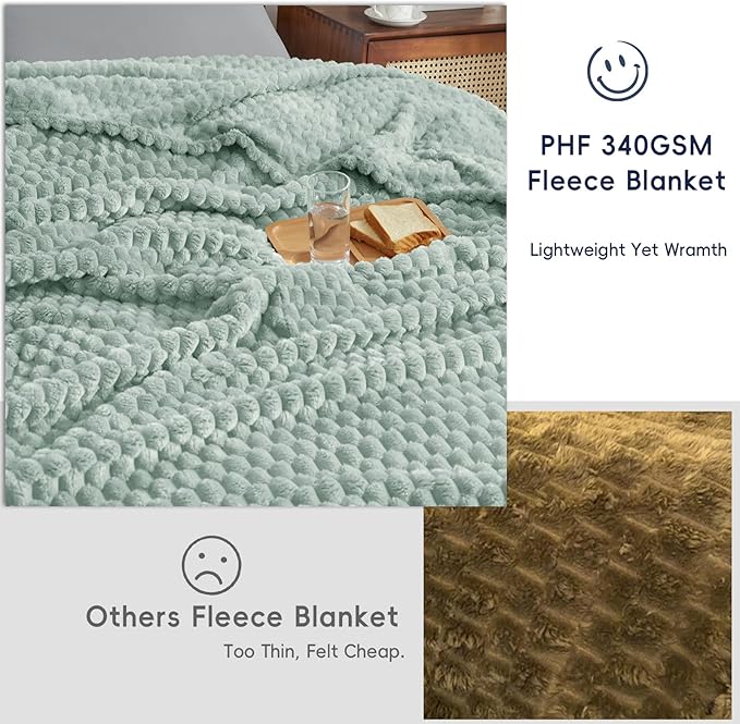 PHF Ultra Soft Flannel Fleece Blanket Queen Size, Lightweight 3D Jacquard Fleece Blanket, No Shedding, No Pilling, Luxury 340GSM Aesthetic Fluffy Cozy for Bed Room Decor, 90"x90", Sage Green
