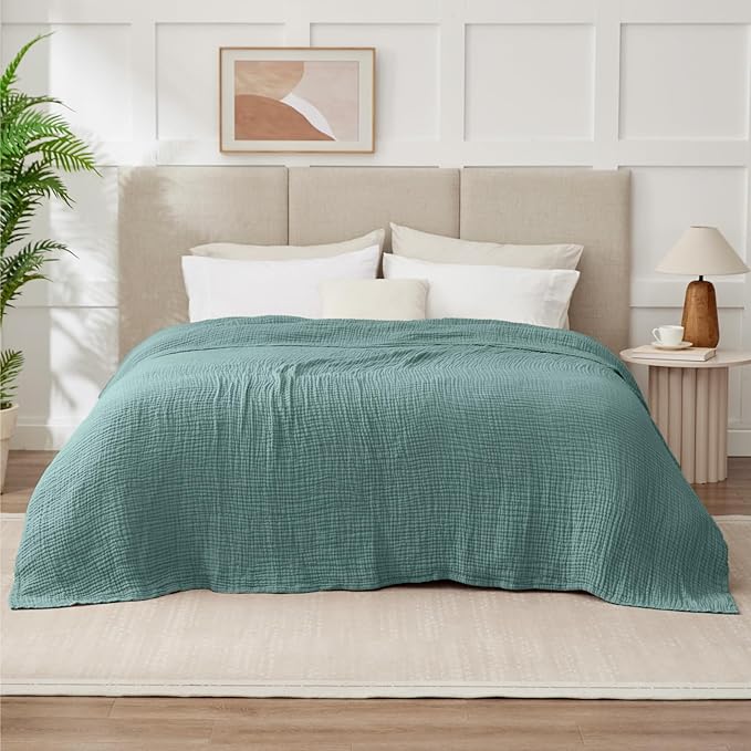 100% Cotton Muslin Blanket King 108" x 90", 6 Layers Breathable and Lightweight Cotton Throw Blanket for Bed, Soft Quilt Bedspread Coverlet, Gauze Blanket for Adults All Season, Teal