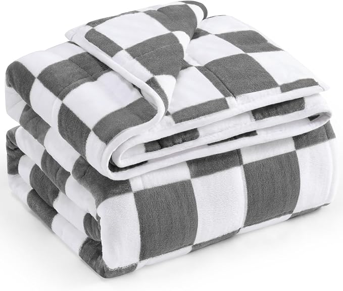 Wemore Flannel Fleece Weighted Blanket for Adult Twin Size 12 lbs, Dual Sided Luxurious Checkerboard Grid Heavy Blankets, Ultra Soft Throw Blanket, Plaid Grey, 48 x 72 inches