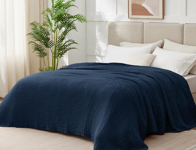 100% Cotton Muslin Blanket King 108" x 90", 6 Layers Breathable and Lightweight Cotton Throw Blanket for Bed, Soft Quilt Bedspread Coverlet, Gauze Blanket for Adults All Season, Navy