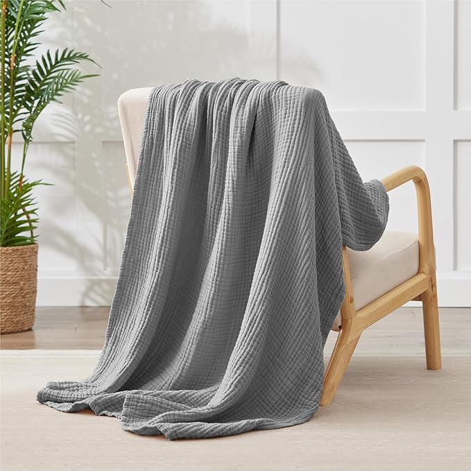 100% Cotton Muslin Blanket Twin XL 66" x 90", Breathable and Cooling Bed Blankets, Soft Boho Coverlet Bedspread, Gauze Bedding for Adults All Season, Grey
