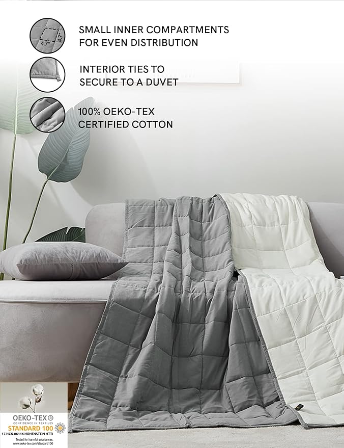 YnM Weighted Blanket — Cotton/Polyester Blend Fabric with Premium Glass Beads (Grey/White Reversible, 48''x72'' 12lbs), Suit for One Person(~110lb) Use on Twin/Full Bed