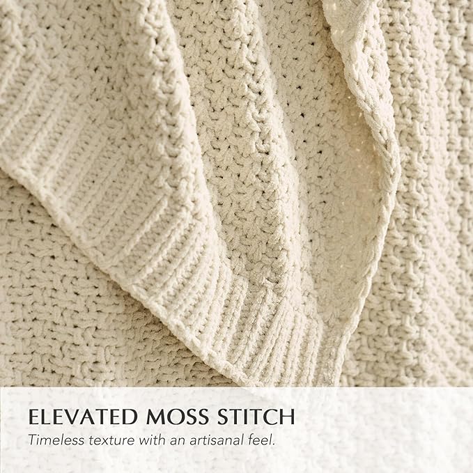 Chunky Chenille Knit Throw Blanket for Couch, Soft Luxurious Moss Stitch Blankets for Bed, Cozy Decorative Farmhouse Knitted Throws for Sofa, Beige, 50" x 60"