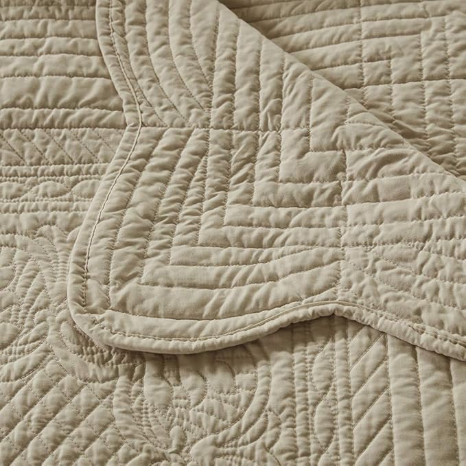 Madison Park Cotton Filled Spread, Ultra Soft, Cozy Living Room Couch, Sofa, Bed Luxe Quilted Throw Blanket-Damask Stitching Design, 60x72, Scalloped Edges Khaki
