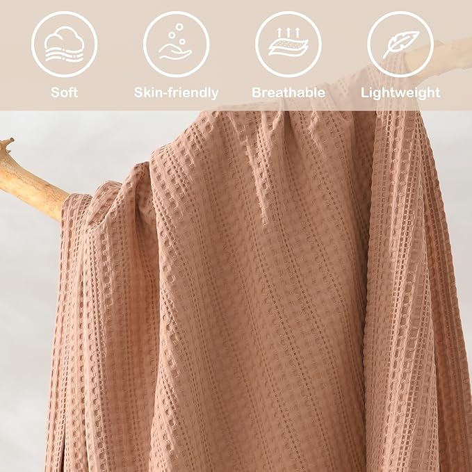 100% Cotton Waffle Blanket with Fringe, Pre-Washed Waffle Weave Blanket for All Season, Lightweight Breathable Soft Cozy Throw Blanket for Couch, Bed, Travel (Dusty Pink - 66x90 Inches)