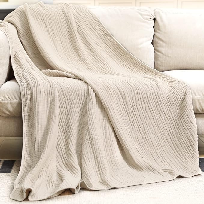Yoofoss Muslin Blanket 100% Cotton Throw Large 50" x 60" for Bed Couch Summer Gauze Blanket for Adults Lightweight and Breathable Apricot White